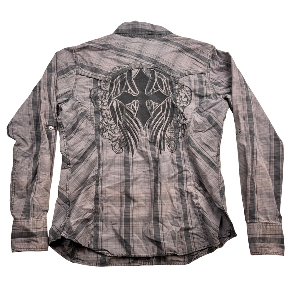 Rock & Roll Cowgirl Womens Gray Plaid Western Snap Shirt Cross Wing Graphic L